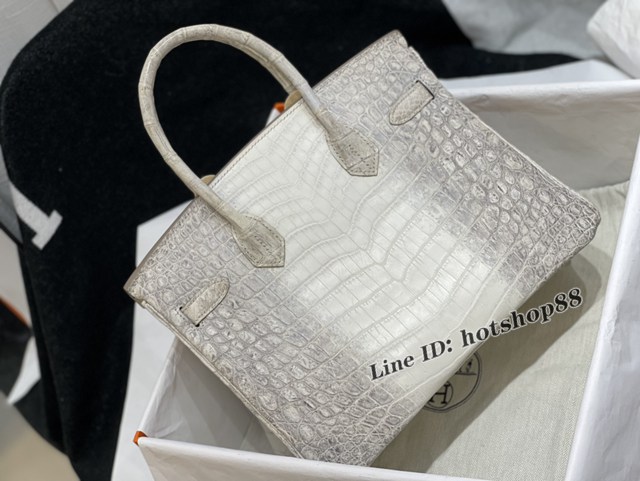 Hermes專櫃鉑金手提女包 愛馬仕Birkin30喜馬拉雅白尼羅鱷蜜蠟線全手工縫製手袋 zhh1089